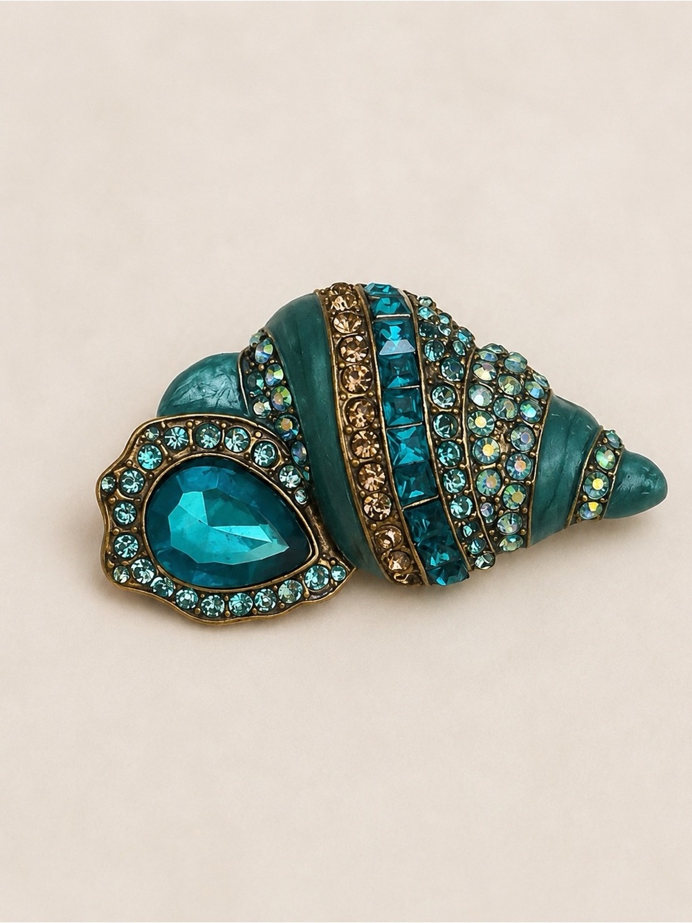 Teal Crystal Shell Brooch with Gold Accents - Women Jewelry